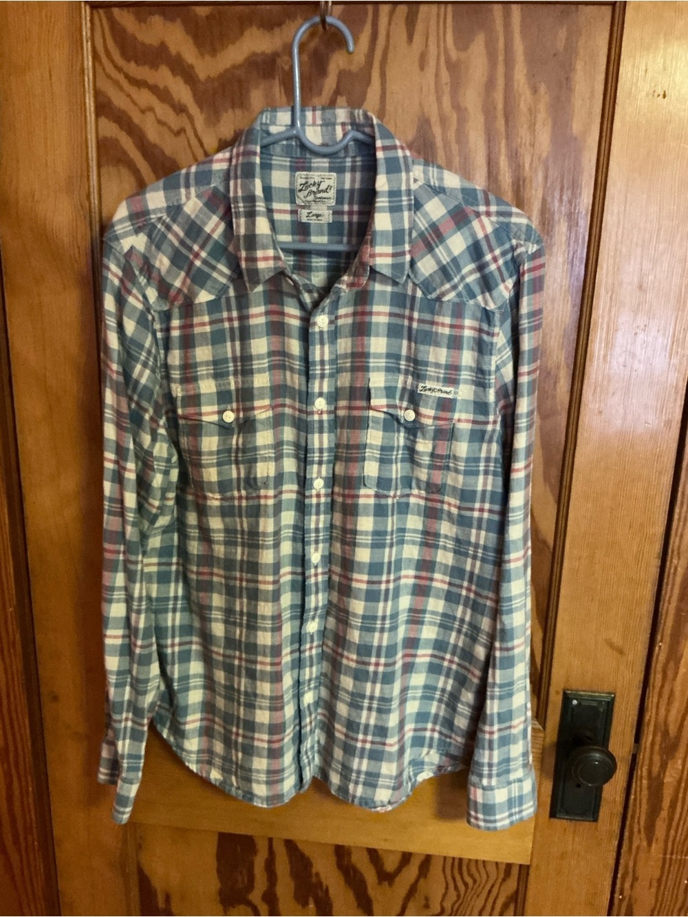 Lucky Brand Western Plaid Pearl Snap Button Up Shirt Large Blue Red Cotton - Picture 4 of 10